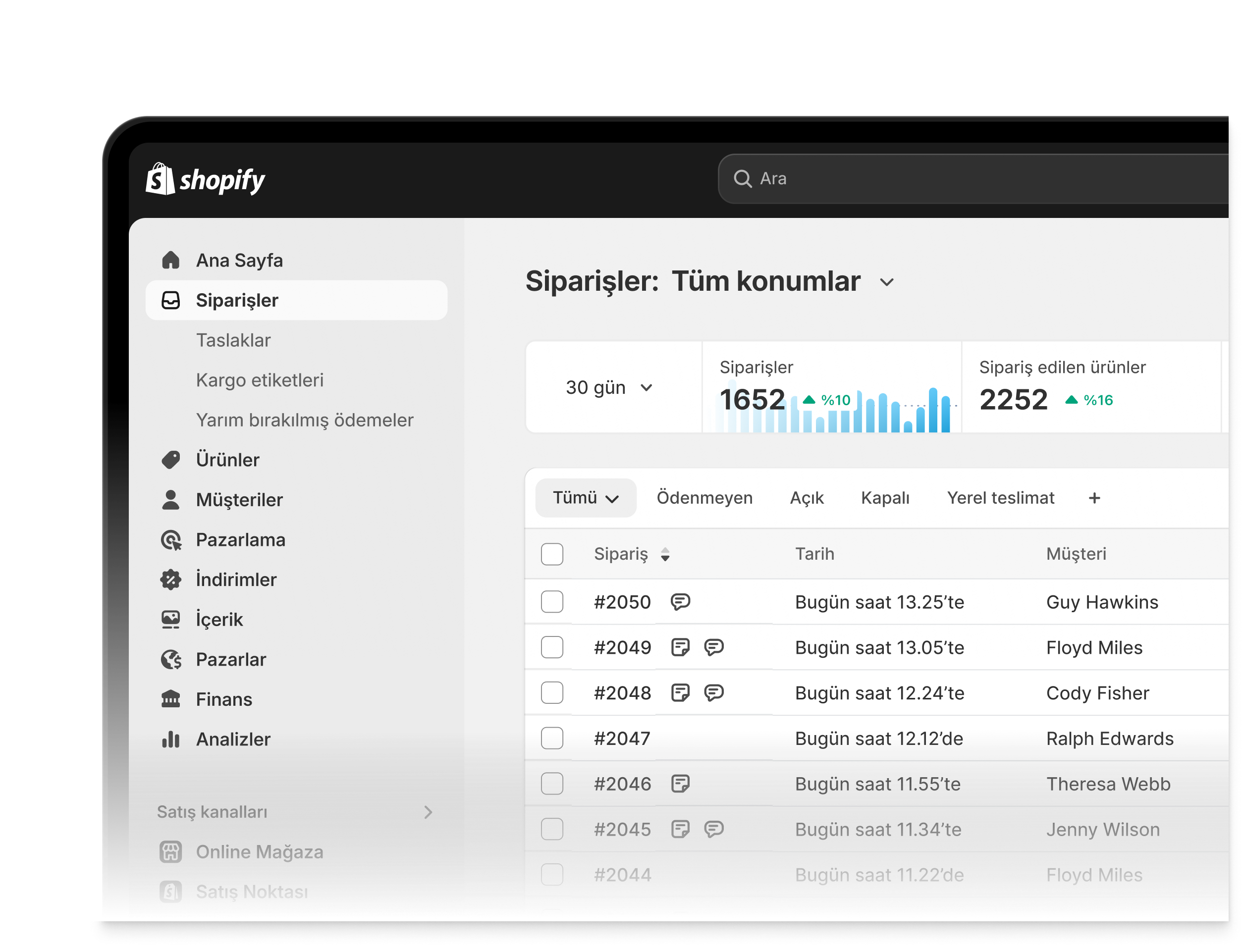 Shopify yöneticisinin tüm şu bölümleri keşfetmenizi sağlayan etkileşimli animasyonu: Siparişler, Ürünler, Müşteriler, İçerik, Finans, Analizler, Pazarlama, İndirimler, Pazarlar